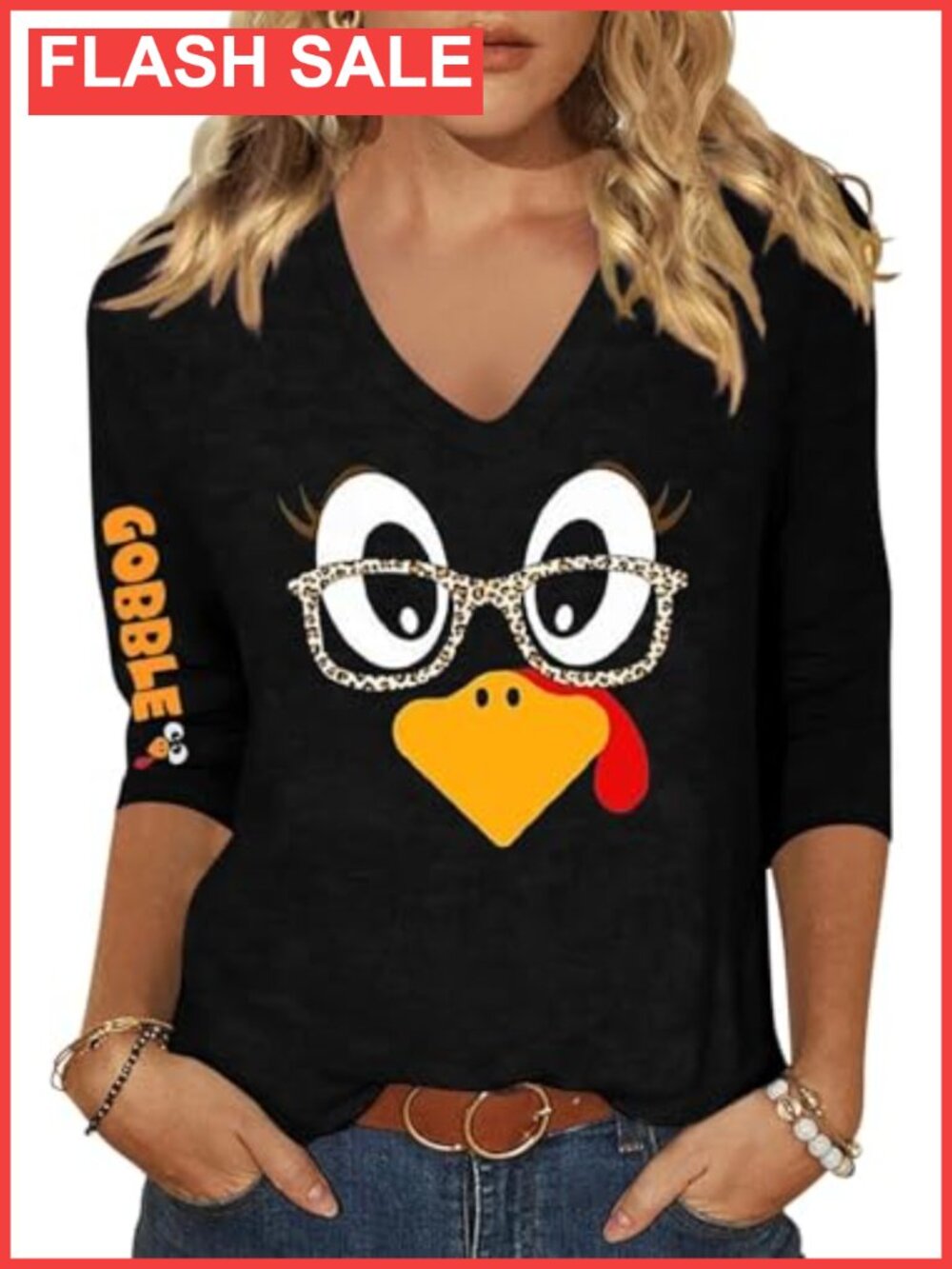 Women's Thanksgiving Turkey Graphic 3/4 Sleeve V-Neck T-Shirt Casual Fall